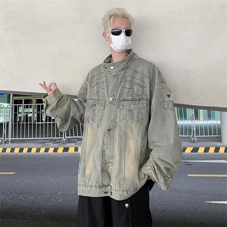得物品质男牛仔立领夹克破洞印花宽松休闲外套J2148P82,男装夹克,星座1013-1
