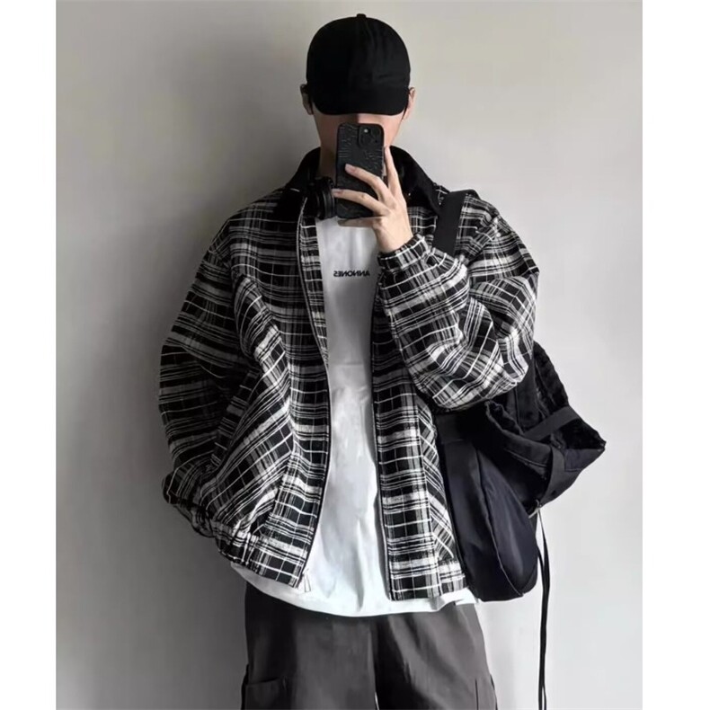 美式复古格纹小香风外套潮牌高级感cleanfit短款翻领夹克男飞行服图片