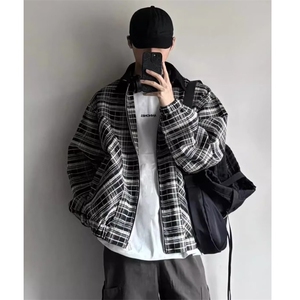 美式复古格纹小香风外套潮牌高级感cleanfit短款翻领夹克男飞行服图片
