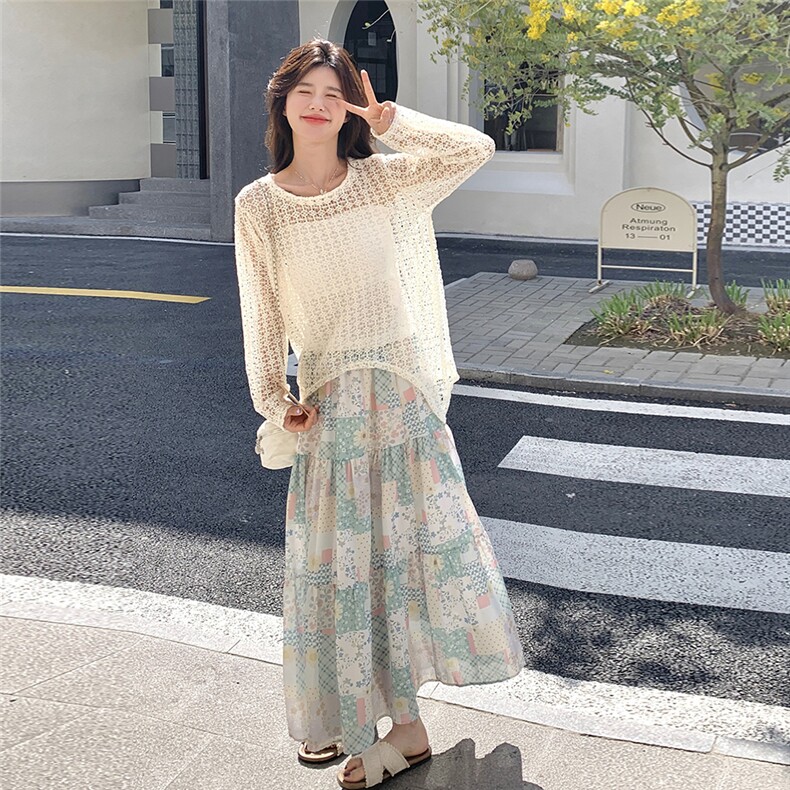 时尚镂空针织上衣女2025年夏季流行独特绝美碎花半身裙,女装连衣裙,维壹