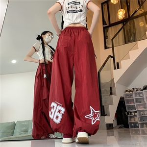 X386-P60 嘻哈风速干阔腿裤夏季直筒排扣工装运动裤降落伞冲锋裤图片