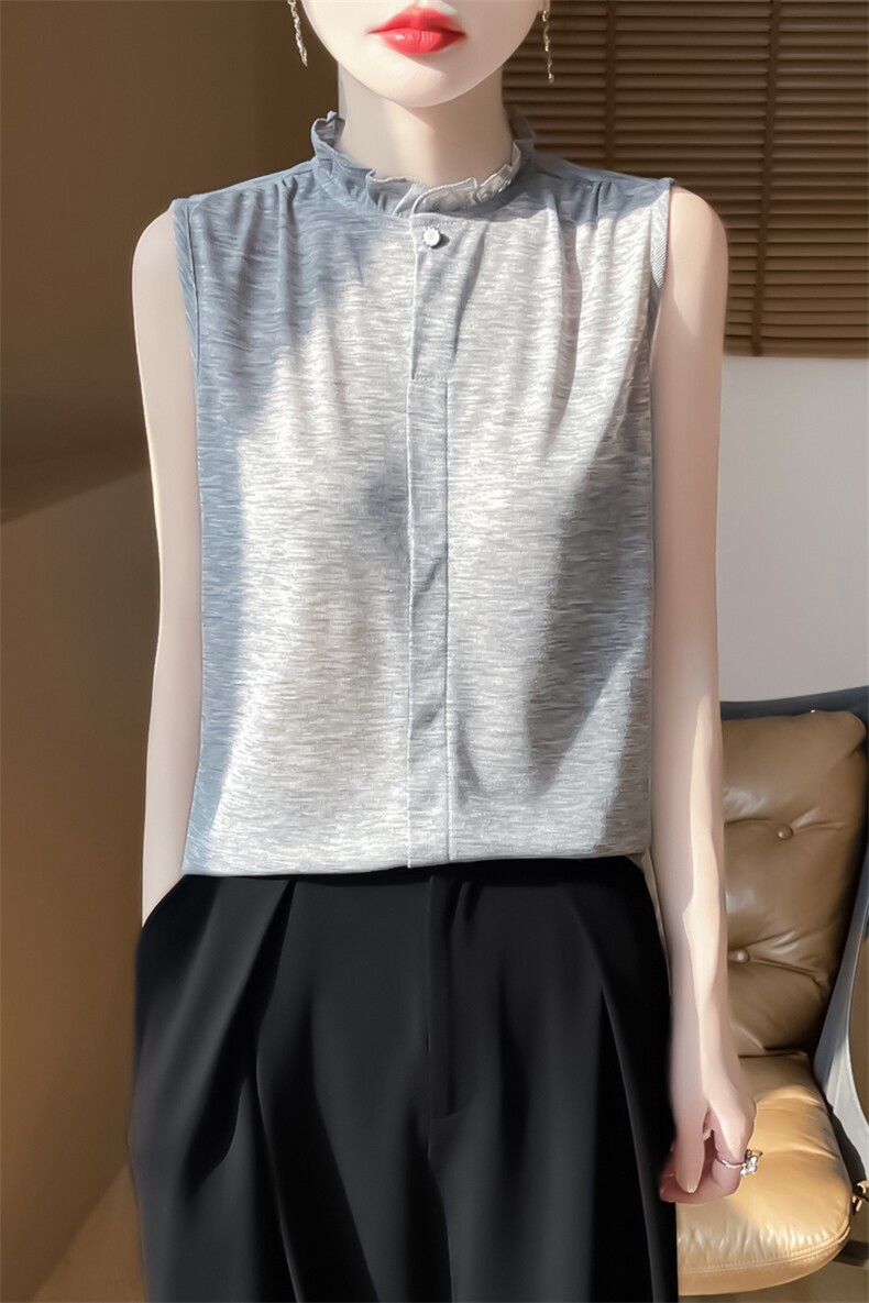 无袖女夏季木耳领袖衫宽松简约百搭纯色女上衣,针织衫/毛衣,绒宛羊绒