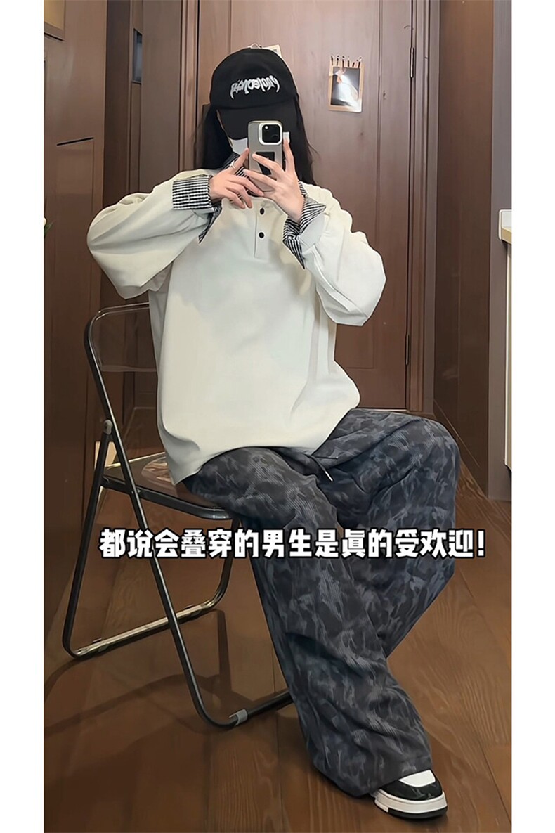 日系假两件拼接感上衣港风复古休闲时尚情侣款衬衣HY713TP48,男装卫衣,电商A102B