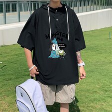 LD54074-P45连帽短袖t恤男大码胖子带帽五分袖中袖，男装T恤，电商A040