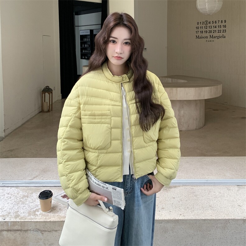 极简风休闲轻羽绒服女2025冬季新款韩系立领保暖白鸭绒百搭厚外套,女装羽绒服,玖莱伊