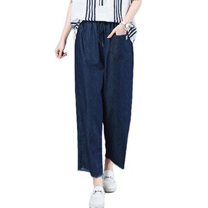 2021夏季新款时尚系绳松紧腰水洗贴布牛仔裤图片