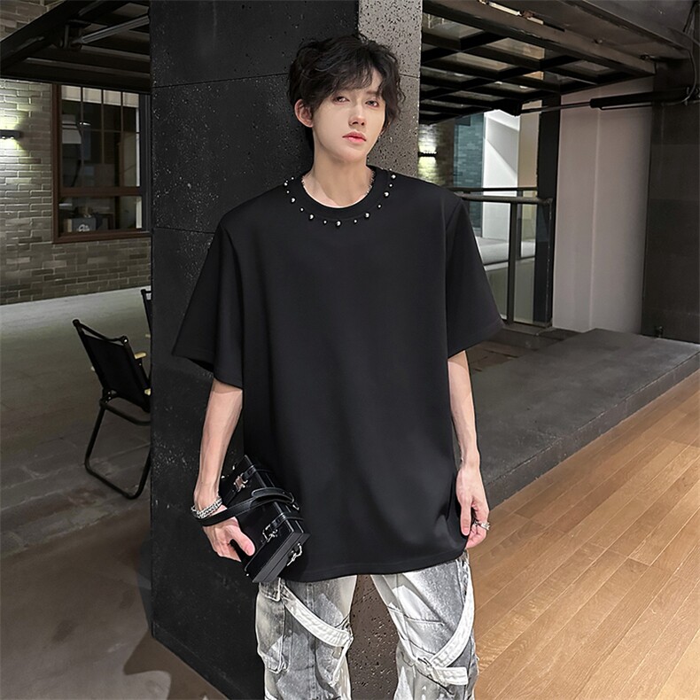 现货2025夏新垫肩珍珠设计款男大潮T恤A071-T60-P38,男装T恤,电商A071