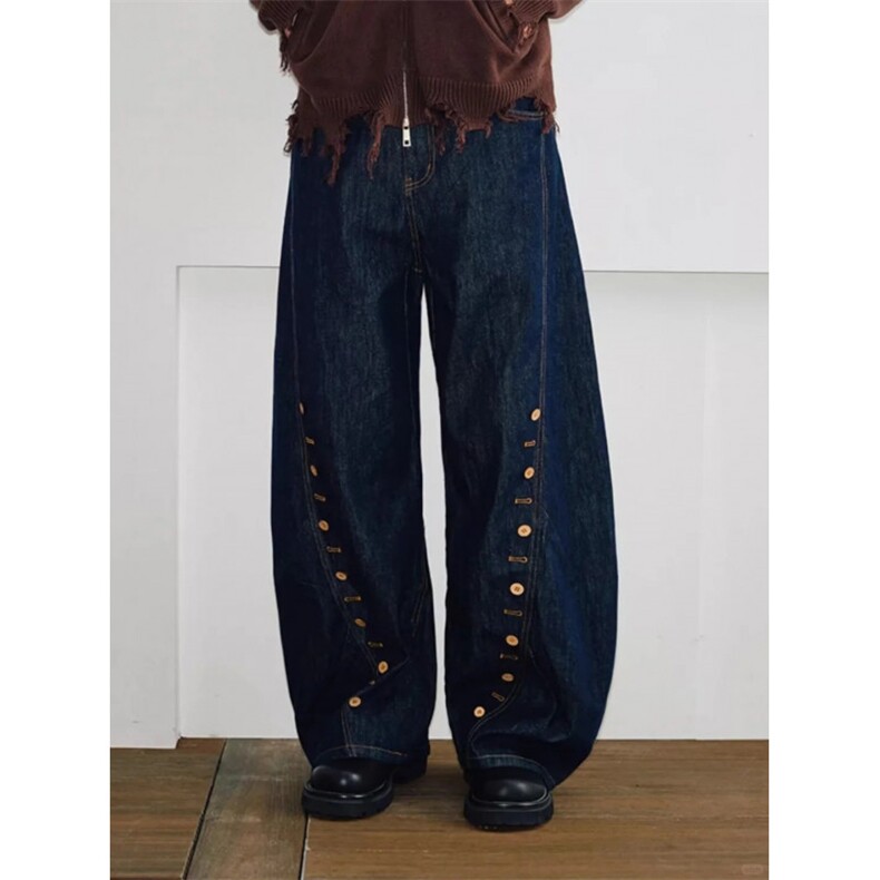 美式高街设计多排扣弯刀牛仔裤男垂感宽松阔腿裤P45YW099，男装牛仔裤，星座1112-1