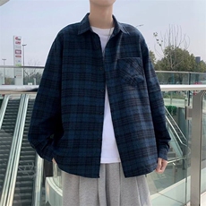 长袖原宿潮衬衫文艺拼色新款简约格子宽松型夏季潮流CY1075-P33，男装衬衫，星座412-2