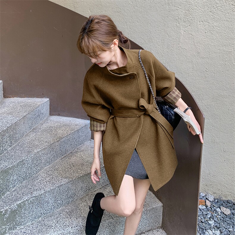 新款现货主推袖子拼色毛呢大衣9887-P175-K258,女装短外套,2C129