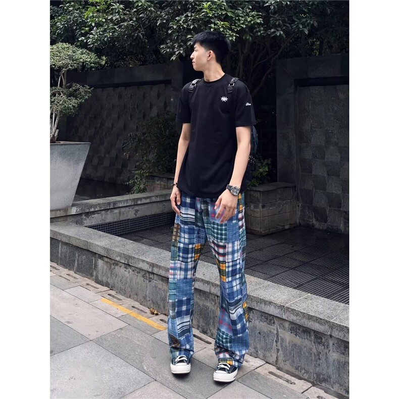 格纹毛边乞丐拼接印花裤修身潮牌造型男休闲裤潮流百搭弹力花裤子,男装休闲裤,星座506A