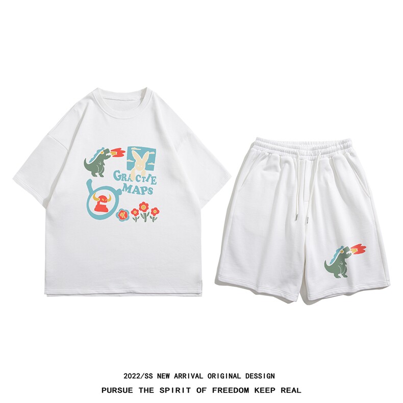 白底23新款夏季圆领印花短袖时尚潮流短裤五分裤套装TZ63P50控68,男装牛仔裤,电商A247-1