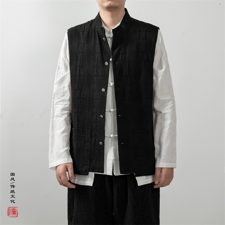 秋冬新款风男装棉麻提花立领新中式唐装马甲MJ85P75,男装民族服装,钱塘802