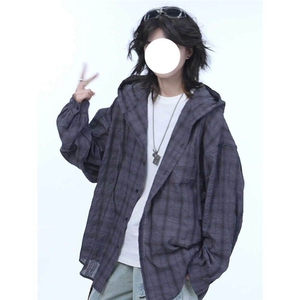 灰色连帽格子防晒衬衣男夏宽松休闲衬衫情侣薄款速干长袖外套图片