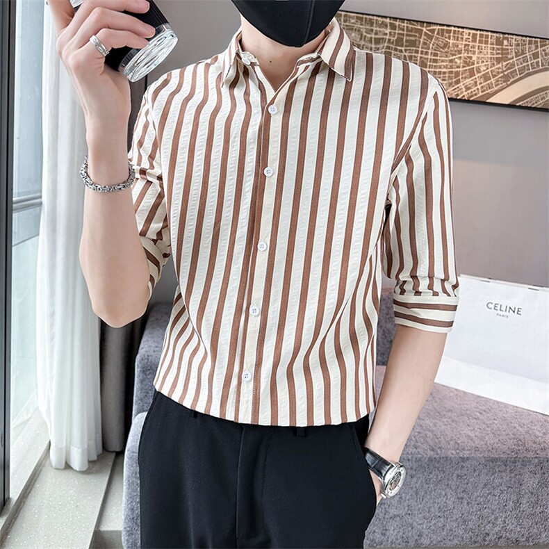 夏季男士七分袖印花衬衫男休闲修身条纹衬衣A236-A41-P55,男装衬衫,电商A236