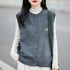 秋季开衫圆领毛衣背心针织马甲2025无袖春秋新款上衣宽松外套，女装针织衫/毛衣，佳绒包芯纱店