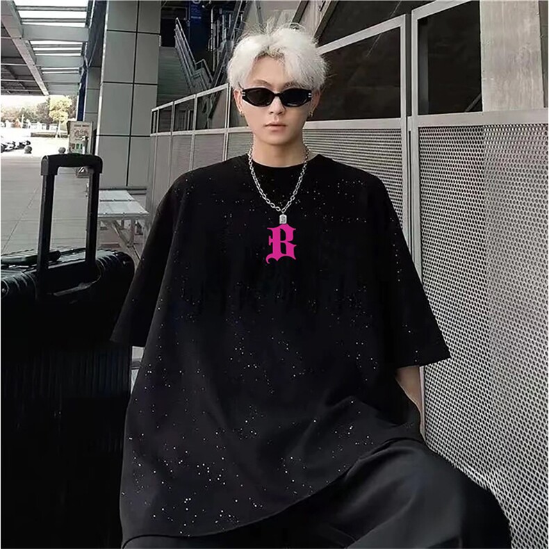 抖音得物供货现货美式潮美式满天星亮片潮牌宽松印花T恤AMTX03,男装T恤,电商A443