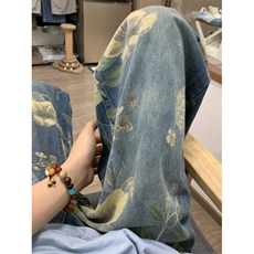 满印花卉阔腿水洗牛仔裤男女长裤秋直筒显瘦拖地裤子N7719，男装牛仔裤，星座1116A（原606A-3）