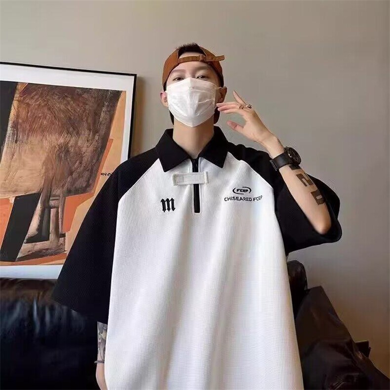 美式半拉链polo衫男生短袖夏季翻领T恤高街潮流休闲衣服,男装T恤,星座506A
