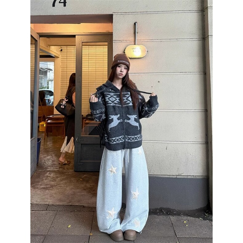 美式覆古毛绒刺绣星星弯刀卫裤女爵士舞宽松休闲阔腿长裤子CAX02,男装休闲裤,星座516A