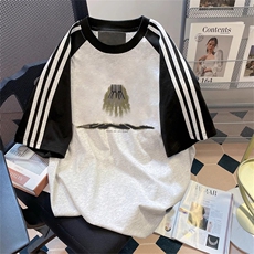 夏季美式高街重磅纯棉三条杠织带插肩撞色男女短袖T恤CZ118-特P25，男装T恤，电商A486