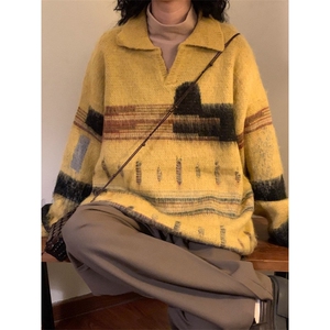 美式覆古chic撞色针织衫男女冬宽松bf慵懒风套头毛衣潮MZ897-P59图片