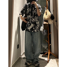 高级感垂感短袖衬衫痞帅水墨免烫衬衣CS519特P37，男装衬衫，星座908-1