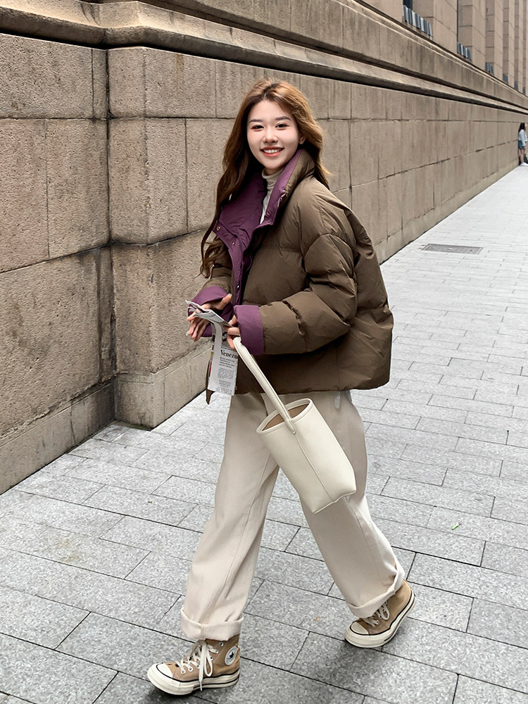 撞色拼接羽绒服外套女2025冬新款高级设计感白鸭绒短款立领面包服,女装羽绒服,浙宝192（原082）