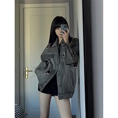 2025美式高街设计感水洗破洞牛仔外套女春季做旧工装潮牌vibe夹克，男装工装外套，星座506A
