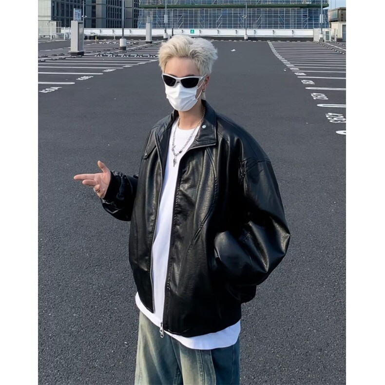 垫肩立领皮衣短款夹克宽松显高pu机车服男女款休闲外套8515P69,男装夹克,星座410-2