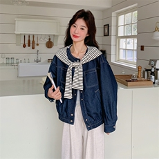 条纹披肩连帽牛仔外套女春秋2025新款今年流行超火工装夹克，女装短外套，浪娴服饰