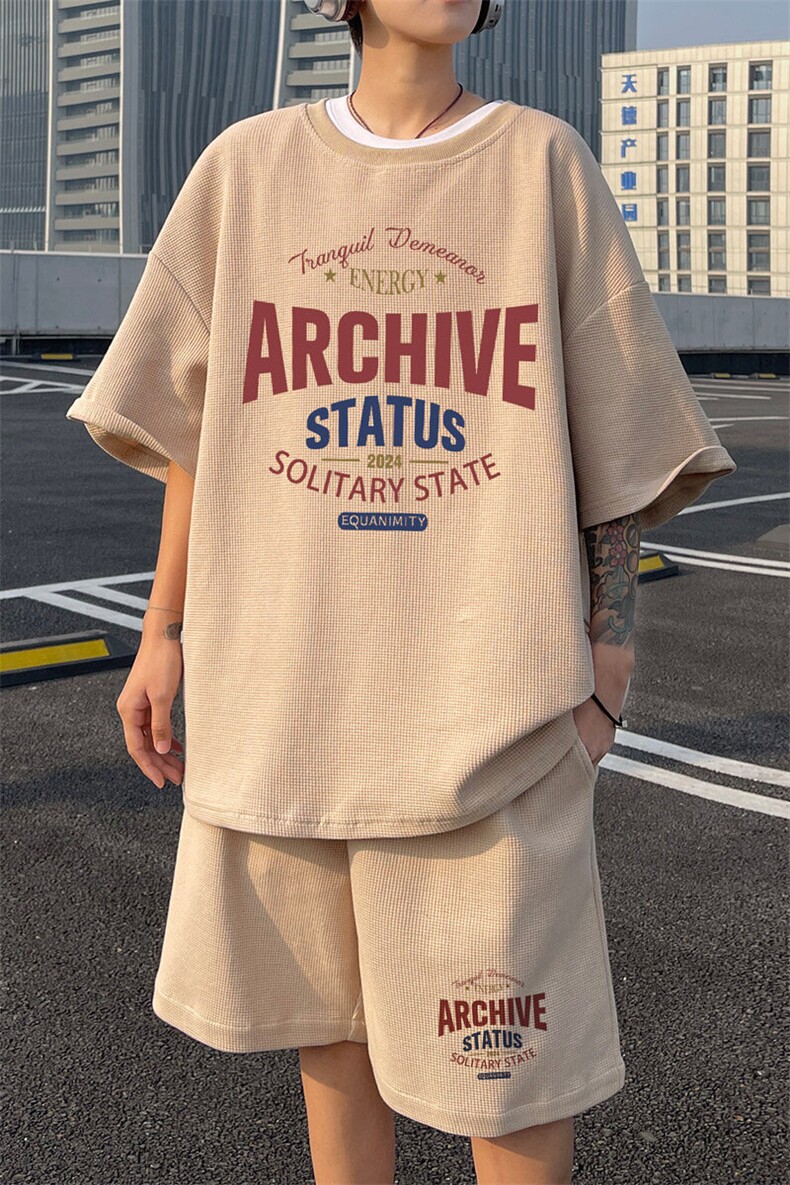 ！2025夏季新款男士华夫格短袖短裤套装透气一套HTZ80P50,男装T恤,电商B220