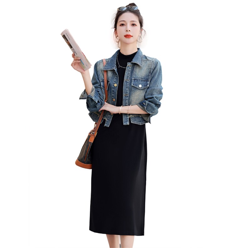 时尚秋装新款牛仔外套+黑色连衣裙套装显瘦百搭气质女神风,女装套装/套裙,凯瑟曼