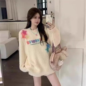 慵懒彩虹字母软糯水貂绒毛衣女秋冬多巴胺加厚套头针织衫外穿上衣图片