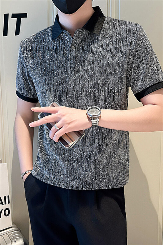 店主风社会小伙男士亮面烫砖翻领POLO衫潮流T恤301A-1/PL111/P53,男装T恤,星座301A-1