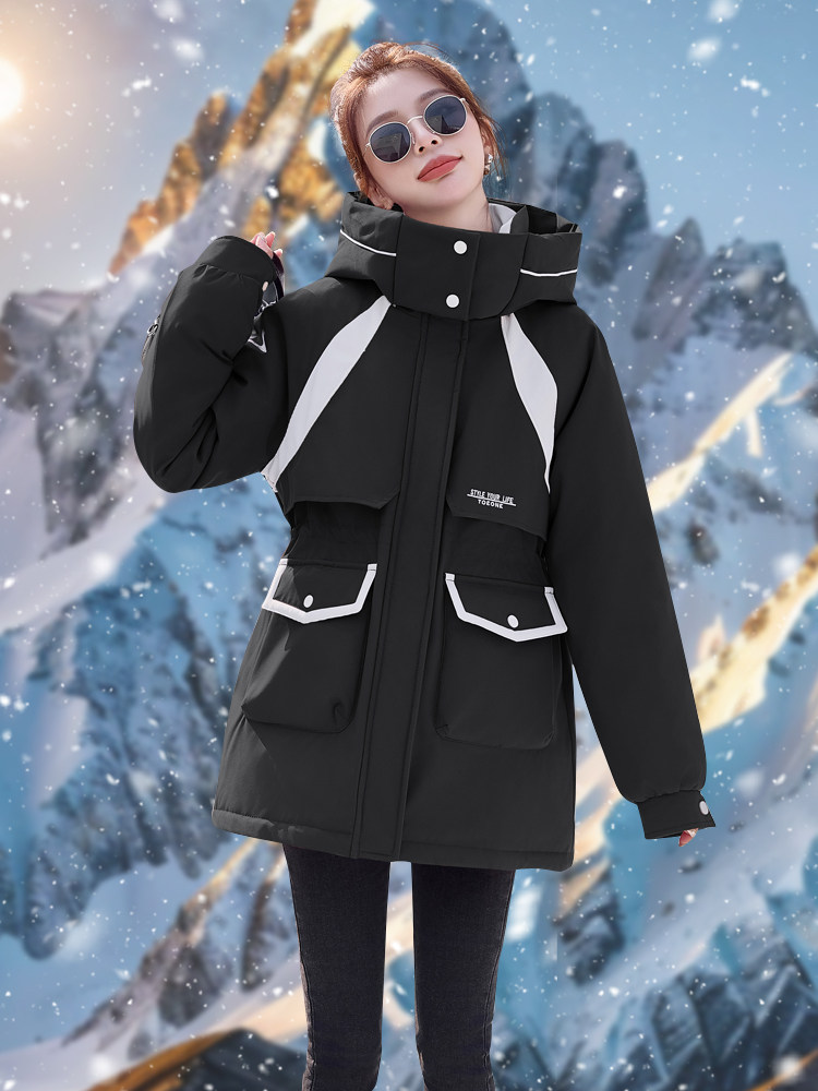 羽绒服明星同款2025冬季新品收腰冲锋衣中长款派克服外套女户外,女装羽绒服,意芙