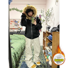 480G重磅加绒硬挺boxy秋冬美式高街超大毛领座山雕连帽卫衣厚外套，女装短外套，电商A486-1