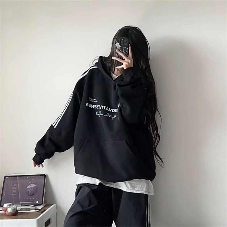 抖音得物品质480克全棉加绒织带连帽印花卫衣三条杠针织卫衣A0405图片