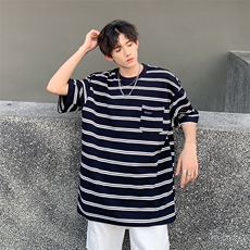 C416-P322024夏季新款圆领短袖男日系复古宽松休闲条纹T恤现货，男装T恤，星座512-6