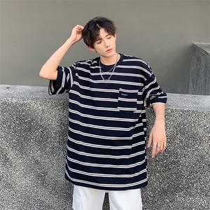 C416-P32 2024夏季新款圆领短袖男日系复古宽松休闲条纹T恤 现货图片