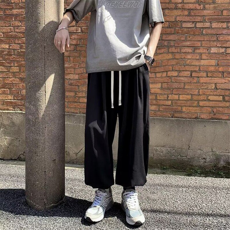 日系街头男女生夏季薄款复古纯色哈伦裤子oversize束脚阔腿灯笼裤,男装休闲裤,星座601-2