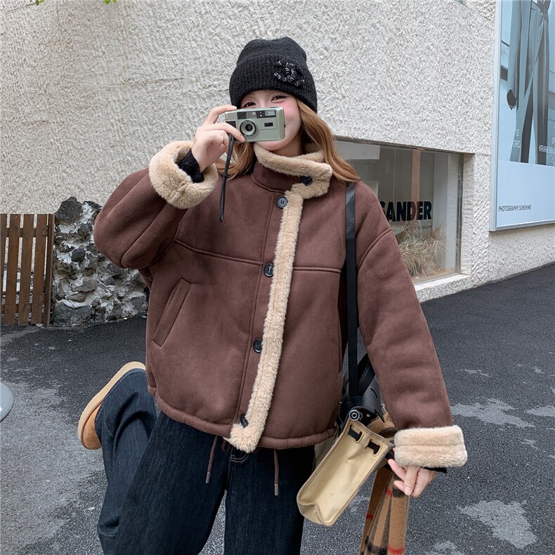 复古立领咖色羊羔毛外套女2025冬新款韩版小个子皮毛一体机车夹克,女装短外套,2B187
