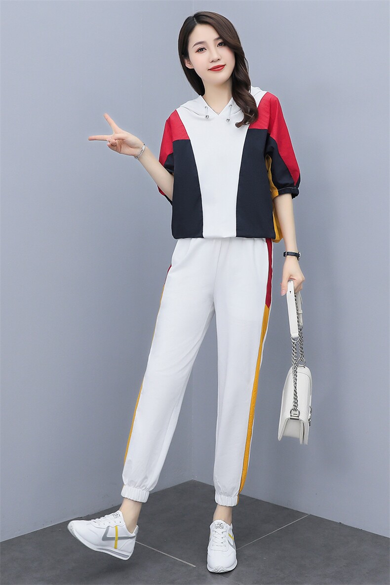 2021夏季新款简约时尚优雅气质撞色拼接连帽休闲两件套,女装套装/套裙,曼娅璐