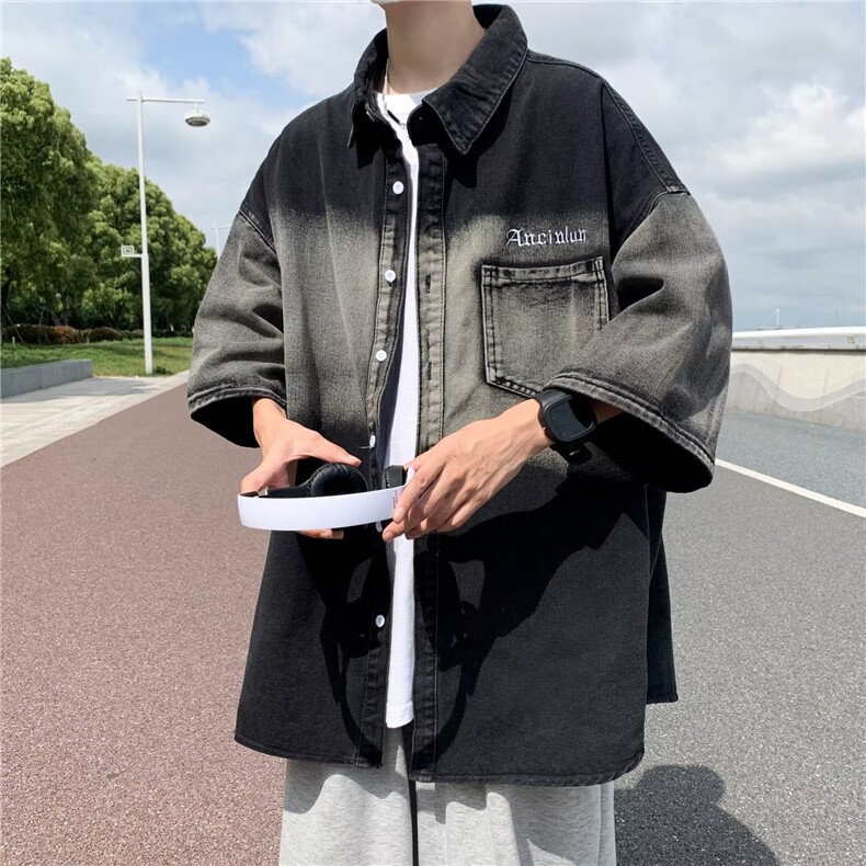 牛仔衬衫男韩版潮流短袖渐变色个性2024秋夏新款ins外套CY357-P57,男装衬衫,星座412-3