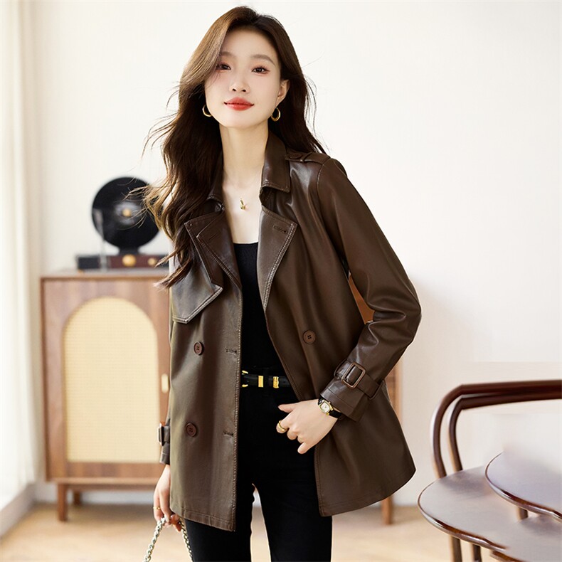 PU皮衣外套女小个子2025年春秋新款女复古大翻领收腰夹克短款风衣图片