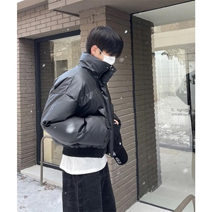 现货5W件冬季三防重磅硬挺boxy短款羽绒立领PU皮棉衣外套加厚棉服图片