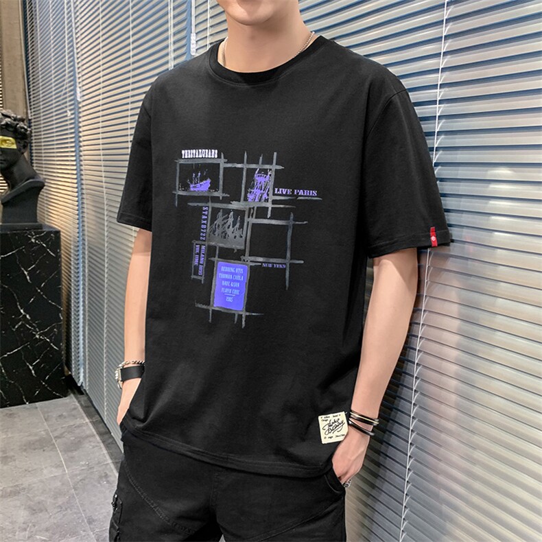 夏季港风大码宽松方格短袖T恤男圆领纯棉中袖卫衣模灰T9555,男装T恤,星座1207
