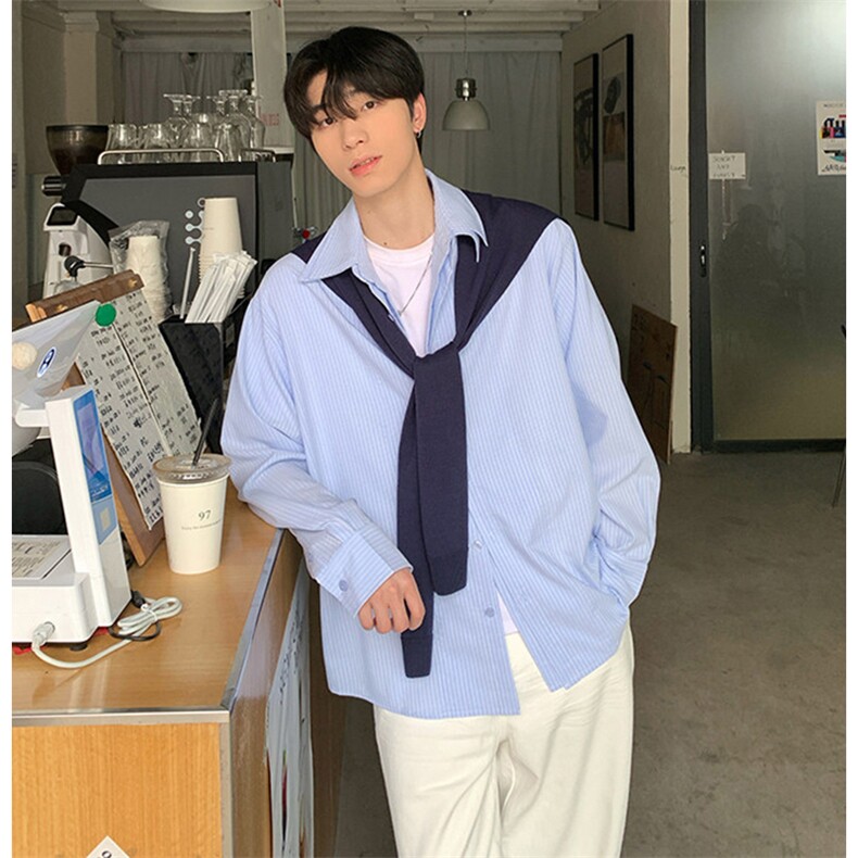 抖音得物品质二开春装美式潮牌披肩条纹长袖衬衫男女休闲宽松衬衣,男装衬衫,电商A486
