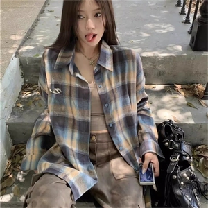 1403-P36 美式复古格子衬衫2025秋季长袖休闲宽松港风潮流情侣装图片
