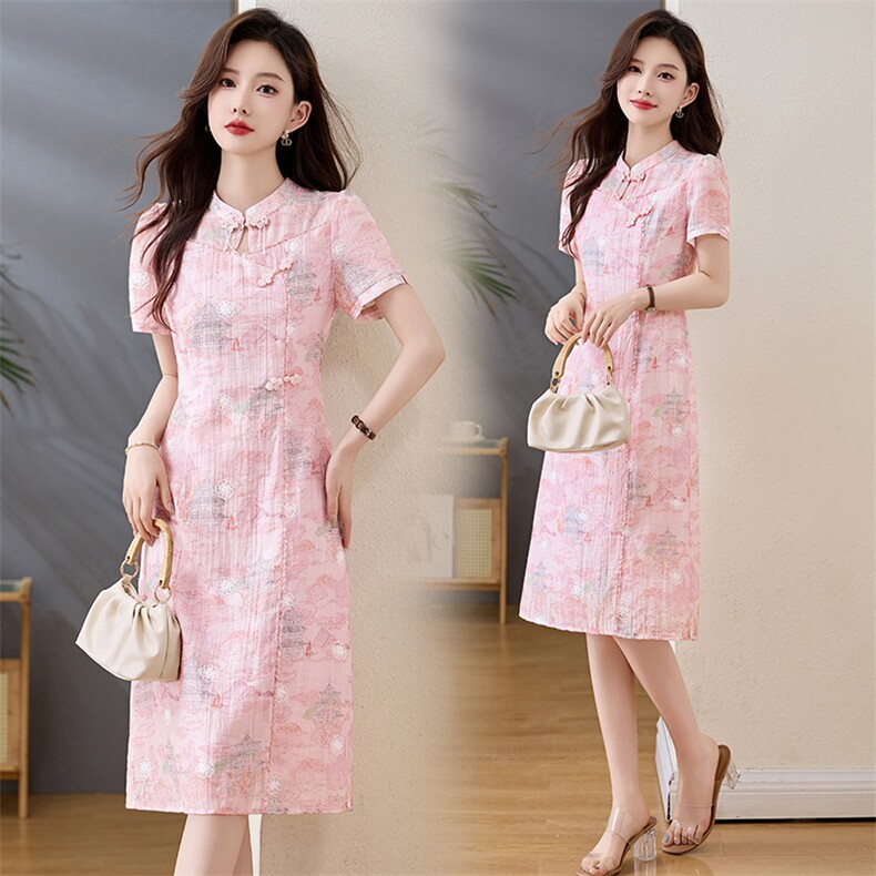 新中式国风印花连衣裙女2025夏季小个子修身优雅气质改良旗袍裙子，女装连衣裙，魅家